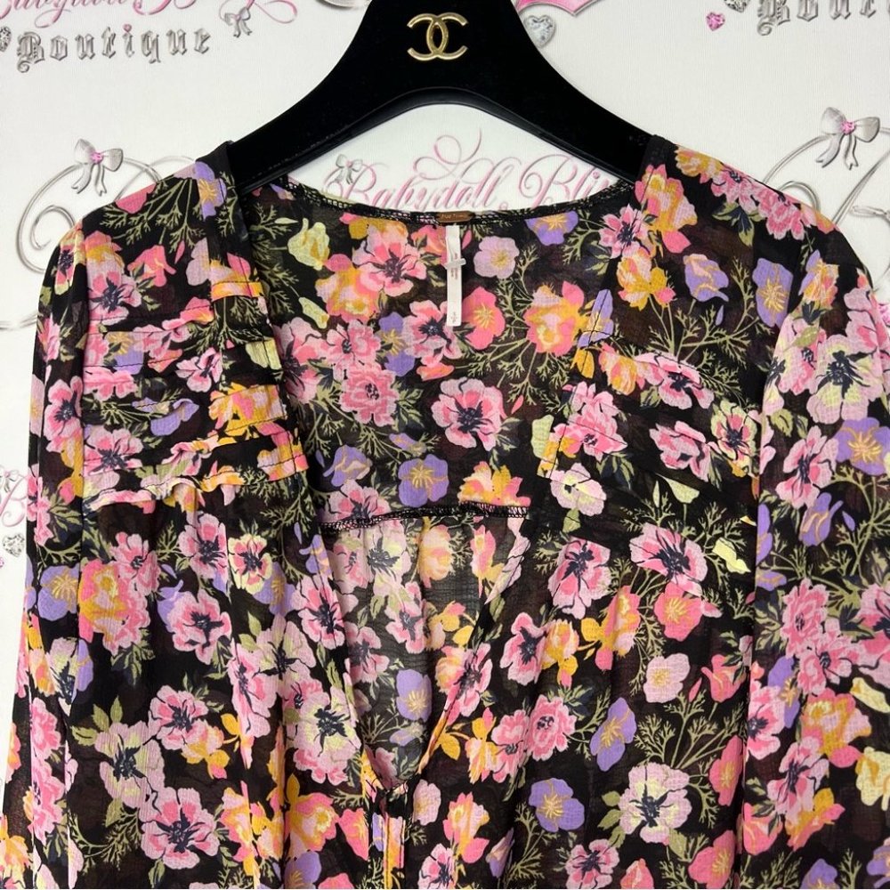 Free people blouse floral flowers rainbow 🌈 mixture neon bow tie ribbon 🎀 - Picture 6 of 14